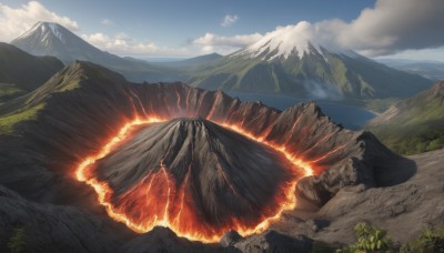 outdoors,sky,day,cloud,tree,blue sky,no humans,cloudy sky,grass,fire,nature,scenery,forest,rock,mountain,landscape,mountainous horizon,molten rock,cliff