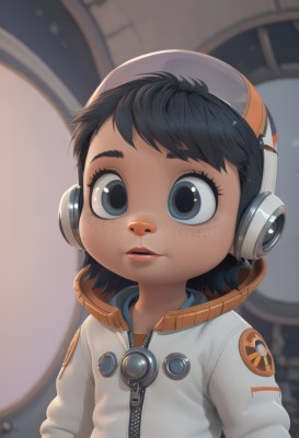 1girl,solo,looking at viewer,short hair,open mouth,black hair,upper body,parted lips,teeth,blurry,black eyes,lips,blurry background,headphones,child,zipper,headset,freckles,female child,spacesuit,buck teeth,jacket,eyelashes