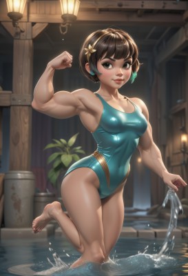 1girl,solo,breasts,looking at viewer,blush,smile,short hair,bangs,brown hair,hair ornament,bare shoulders,medium breasts,green eyes,standing,collarbone,swimsuit,flower,thighs,multicolored hair,hairband,barefoot,shiny,artist name,indoors,signature,hair flower,armpits,water,blurry,arm up,feet,lips,wet,one-piece swimsuit,covered navel,muscular,toes,watermark,highleg,thick thighs,abs,leg up,standing on one leg,plant,clenched hand,skin tight,wading,veins,toned,competition swimsuit,blue one-piece swimsuit,nose,muscular female,highleg swimsuit,potted plant,lamp,splashing,biceps,puddle,flexing,black hair,brown eyes,small breasts,bare legs,window,running,pool