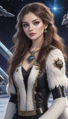 1girl,solo,long hair,breasts,looking at viewer,brown hair,hair ornament,long sleeves,dress,cleavage,brown eyes,jewelry,medium breasts,upper body,earrings,parted lips,sky,belt,signature,necklace,lips,coat,fur trim,night,wavy hair,gem,star (sky),night sky,pendant,starry sky,freckles,science fiction,realistic,aircraft,nose,space,spacecraft,blush,shirt,forehead