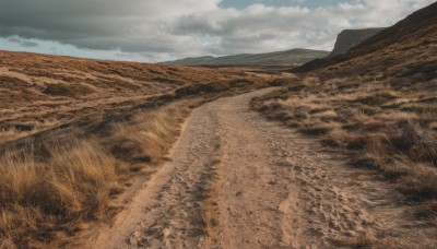 outdoors,sky,day,cloud,blue sky,no humans,traditional media,cloudy sky,grass,nature,scenery,mountain,horizon,road,field,landscape,mountainous horizon,realistic,sand,desert