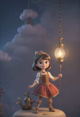 1girl,solo,looking at viewer,smile,short hair,skirt,brown hair,dress,holding,brown eyes,jewelry,standing,full body,boots,sky,cloud,black eyes,lips,red dress,tiara,crown,child,lantern,necklace,chain,corset,faux figurine