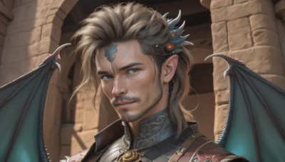 solo,looking at viewer,blue eyes,blonde hair,brown hair,hair ornament,1boy,male focus,wings,pointy ears,indoors,medium hair,armor,blurry,lips,grey eyes,blurry background,facial hair,facial mark,portrait,beard,dragon horns,demon wings,realistic,nose,mustache,dragon wings,upper body,artist name