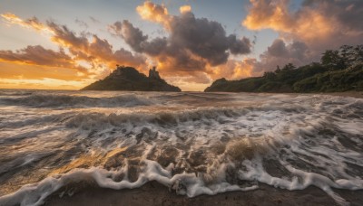 outdoors,sky,cloud,water,tree,no humans,ocean,beach,cloudy sky,nature,scenery,smoke,sunset,mountain,sand,horizon,waves,landscape,shore,signature,sunlight,fire,forest,evening