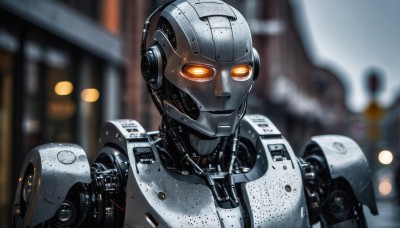 solo,1boy,upper body,male focus,armor,blurry,orange eyes,no humans,depth of field,blurry background,glowing,helmet,robot,portrait,mecha,glowing eyes,science fiction,realistic,power armor,lights,humanoid robot,looking at viewer,close-up,cable,robot joints