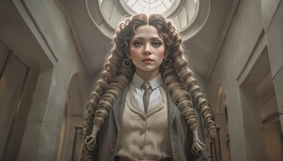 1girl,solo,long hair,looking at viewer,brown hair,shirt,brown eyes,school uniform,jacket,white shirt,upper body,parted lips,open clothes,necktie,collared shirt,indoors,vest,open jacket,lips,drill hair,blazer,looking up,curly hair,brown jacket,nose,door,green necktie,brown vest,hallway,brown necktie,blush,bangs,jewelry,closed mouth,earrings,belt,window,watermark,realistic