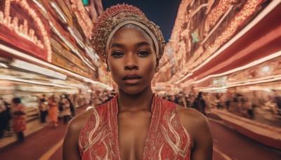 1girl,solo,breasts,looking at viewer,cleavage,bare shoulders,brown eyes,jewelry,medium breasts,upper body,earrings,wings,solo focus,dark skin,dark-skinned female,lips,realistic,headdress,very dark skin,dress,collarbone,sleeveless,blurry,makeup,red dress,crowd