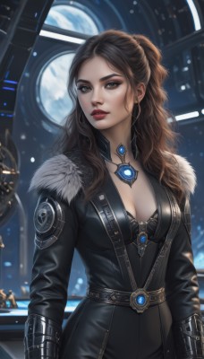 1girl,solo,long hair,breasts,looking at viewer,brown hair,gloves,cleavage,brown eyes,jewelry,medium breasts,standing,ponytail,cowboy shot,earrings,parted lips,belt,indoors,necklace,mole,lips,grey eyes,fur trim,window,bodysuit,makeup,wavy hair,lipstick,pendant,eyeshadow,realistic,black bodysuit,red lips,black hair,upper body,artist name,science fiction