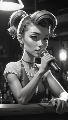 1girl,solo,breasts,looking at viewer,short hair,holding,cleavage,jewelry,medium breasts,monochrome,upper body,ponytail,short sleeves,greyscale,earrings,small breasts,choker,necklace,blurry,lips,microphone,short ponytail,nose,music,holding microphone,singing,bar (place),aged down,realistic,stud earrings,lamp,lights