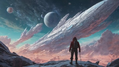 solo,gloves,1boy,standing,jacket,male focus,boots,outdoors,sky,pants,cloud,signature,bag,from behind,moon,backpack,helmet,cloudy sky,star (sky),scenery,red jacket,1other,floating,starry sky,science fiction,space,wide shot,planet,ambiguous gender,spacecraft,spacesuit,space helmet,astronaut,long sleeves,holding,blue sky,rock,fantasy,dragon,earth (planet),whale,above clouds