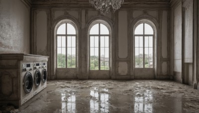 day,indoors,water,tree,no humans,window,plant,scenery,reflection,door,wall,puddle,reflective floor,wooden floor,floor,chandelier,grey theme,washing machine