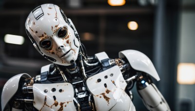 solo,looking at viewer,upper body,indoors,armor,blurry,no humans,blood,blurry background,robot,mecha,1other,science fiction,straight-on,damaged,humanoid robot,bullet hole,head tilt,depth of field,portrait,realistic,cable,dirty,robot joints,lights