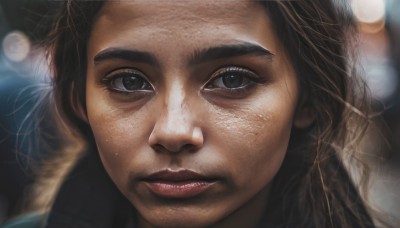 1girl,solo,long hair,looking at viewer,brown hair,black hair,brown eyes,parted lips,teeth,blurry,black eyes,lips,eyelashes,depth of field,blurry background,thick eyebrows,portrait,close-up,realistic,nose,lens flare,freckles,bokeh