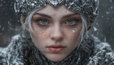 1girl,solo,looking at viewer,closed mouth,yellow eyes,white hair,grey hair,artist name,signature,scarf,armor,blurry,lips,eyelashes,portrait,snow,close-up,freckles,snowing,realistic,nose,winter,short hair,brown eyes,mole,helmet,serious