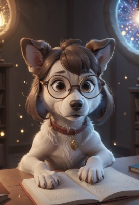 1girl,solo,looking at viewer,short hair,bangs,brown hair,animal ears,brown eyes,jewelry,sitting,closed mouth,upper body,glasses,artist name,indoors,medium hair,necklace,blurry,collar,book,window,depth of field,blurry background,animal,watermark,table,claws,furry,freckles,black-framed eyewear,open book,round eyewear,furry female,bookshelf,animal nose,book stack,snout,brown fur,brown-framed eyewear,no humans,semi-rimless eyewear,web address,light particles,pendant,dog,animal focus,animalization,red collar,animal collar,library