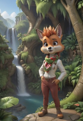 solo,looking at viewer,smile,brown hair,shirt,long sleeves,1boy,animal ears,brown eyes,standing,tail,full body,white shirt,male focus,boots,outdoors,sky,day,belt,pants,water,scarf,orange hair,tree,leaf,brown footwear,grass,plant,nature,furry,hands on hips,hands in pockets,furry male,brown pants,waterfall,snout,brown fur,green scarf,open mouth,flower,:d,shoes,teeth,cloud,blue sky,neckerchief,orange eyes,fox ears,suspenders,freckles,red scarf,bandana,fantasy