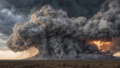 outdoors,sky,cloud,no humans,cloudy sky,fire,scenery,rock,mountain,sand,dragon,statue,desert,molten rock,smoke,monster