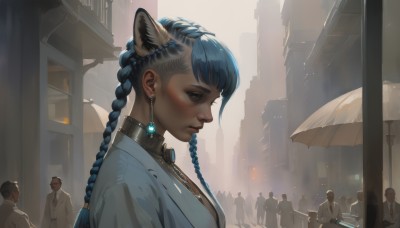 1girl,long hair,breasts,bangs,blue eyes,shirt,bow,animal ears,jewelry,closed mouth,blue hair,jacket,upper body,braid,earrings,outdoors,multiple boys,solo focus,cat ears,dark skin,bowtie,twin braids,collar,from side,dark-skinned female,lips,profile,makeup,umbrella,looking away,formal,suit,building,extra ears,6+boys,city,nose,crowd,people,multiple girls,holding,necktie,collared shirt,necklace,looking down,piercing,ear piercing,eyeshadow,rain,holding umbrella