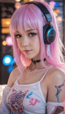 1girl,solo,long hair,breasts,looking at viewer,smile,bangs,blue eyes,shirt,bare shoulders,jewelry,medium breasts,closed mouth,collarbone,jacket,white shirt,upper body,pink hair,detached sleeves,choker,artist name,necklace,off shoulder,mole,blurry,black eyes,lips,grey eyes,eyelashes,tattoo,makeup,depth of field,blurry background,headphones,black choker,tank top,eyeshadow,freckles,pink lips,realistic,nose,arm tattoo,mascara,neck tattoo,see-through,animal print,camisole,pendant,bokeh,fish print