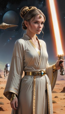 1girl,breasts,looking at viewer,brown hair,dress,holding,brown eyes,jewelry,standing,weapon,sky,solo focus,belt,sword,signature,wide sleeves,hair bun,holding weapon,white dress,lips,holding sword,single hair bun,robot,gem,star (sky),starry sky,science fiction,robe,circlet,realistic,nose,space,forehead jewel,planet,earth (planet),energy sword,spacecraft,white robe,desert,lightsaber,long sleeves,1boy,small breasts,helmet,sand,spacesuit