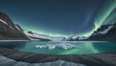 outdoors,sky,cloud,water,no humans,night,star (sky),night sky,scenery,snow,starry sky,ice,mountain,landscape,mountainous horizon,lake,aurora,nature,reflection,reflective water