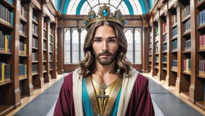 solo,long hair,looking at viewer,blue eyes,brown hair,1boy,jewelry,upper body,male focus,indoors,necklace,book,facial hair,cross,crown,beard,robe,realistic,mustache,bookshelf,cross necklace,library,priest,gem,church