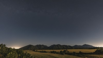 outdoors,sky,tree,no humans,night,grass,star (sky),nature,night sky,scenery,forest,starry sky,sunset,mountain,landscape,mountainous horizon,hill