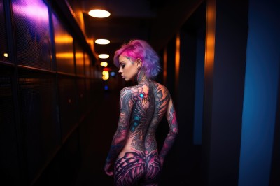 1girl,solo,short hair,jewelry,standing,closed eyes,pink hair,purple hair,ass,nude,multicolored hair,cowboy shot,earrings,looking back,from behind,lips,tattoo,makeup,night,back,piercing,ear piercing,arm tattoo,undercut,cyberpunk,neck tattoo,back tattoo,nose piercing,full-body tattoo,eyeshadow,nose