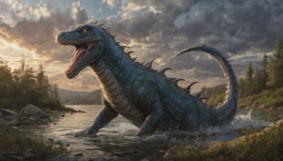 open mouth,tail,yellow eyes,outdoors,sky,teeth,cloud,water,tree,no humans,bird,cloudy sky,grass,sharp teeth,nature,scenery,forest,monster,mountain,giant,river,dinosaur,animal,rock,dragon,scales,kaijuu