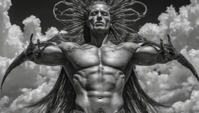 solo,long hair,looking at viewer,1boy,navel,nipples,monochrome,upper body,greyscale,male focus,outdoors,sky,cloud,tattoo,muscular,abs,cloudy sky,outstretched arms,pectorals,muscular male,topless male,skull,realistic,extra arms,smile,cape,halo,scar,veins