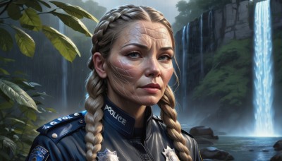 1girl,solo,long hair,looking at viewer,blue eyes,blonde hair,closed mouth,braid,outdoors,artist name,water,uniform,twin braids,tree,lips,military,military uniform,leaf,plant,portrait,nature,hair over shoulder,freckles,rock,realistic,nose,waterfall,brown hair,green eyes,jacket,upper body,eyelashes,makeup,scar,facial mark,forehead,rain,facepaint