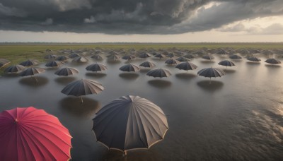 outdoors,sky,day,cloud,water,no humans,ocean,umbrella,beach,cloudy sky,scenery,reflection,rain,horizon,landscape,grass,nature,sand,field,lake,shore,hill