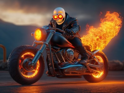 solo,gloves,1boy,jacket,male focus,boots,outdoors,pants,blurry,black jacket,blurry background,glowing,fire,goggles,ground vehicle,motor vehicle,smoke,leather,motorcycle,leather jacket,on motorcycle,black gloves,black footwear,open jacket,black pants,sunglasses,spikes,riding,bald,flame,leather gloves