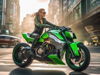 1girl,solo,long hair,breasts,brown hair,gloves,1boy,cleavage,jacket,ponytail,male focus,boots,outdoors,dark skin,blurry,dark-skinned female,bodysuit,blurry background,sunglasses,dark-skinned male,ground vehicle,motor vehicle,city,road,riding,motorcycle,biker clothes,bikesuit,on motorcycle,sitting,day,black gloves,pants,black footwear,black jacket,depth of field,black pants,green jacket,leather,street,leather jacket