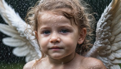 1girl,solo,looking at viewer,short hair,blue eyes,blonde hair,closed mouth,nude,wings,blurry,lips,wet,grey eyes,expressionless,portrait,feathered wings,androgynous,rain,angel wings,water drop,realistic,white wings,angel,wet hair,green eyes