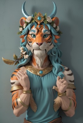 solo,long hair,looking at viewer,smile,open mouth,blue eyes,simple background,shirt,hair ornament,1boy,animal ears,jewelry,green eyes,blue hair,upper body,flower,white hair,male focus,horns,teeth,sleeveless,belt,artist name,hair flower,grey background,necklace,bracelet,aqua eyes,hands up,sleeveless shirt,tattoo,muscular,shadow,facial hair,fangs,facial mark,feathers,blue shirt,white flower,gem,beard,furry,armlet,clenched hands,bracer,feather hair ornament,furry male,facepaint,tiger ears,body fur,head wreath,animal nose,whiskers,green gemstone,1girl,dress,closed mouth,collarbone,official alternate costume,furry female,tiger,fangs out,orange fur,tiger stripes