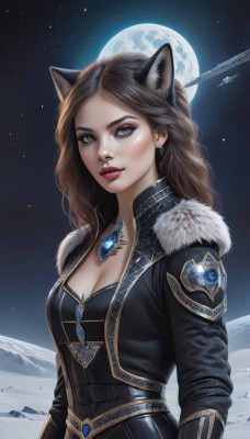 1girl,solo,long hair,breasts,looking at viewer,brown hair,long sleeves,animal ears,cleavage,brown eyes,jewelry,medium breasts,jacket,upper body,earrings,outdoors,sky,artist name,cat ears,signature,necklace,lips,fur trim,makeup,night,wavy hair,moon,lipstick,gem,star (sky),night sky,snow,full moon,starry sky,mountain,realistic,aircraft,nose,red lips,black hair,dress,closed mouth,parted bangs,grey eyes,wolf ears,extra ears,space,planet,spacecraft