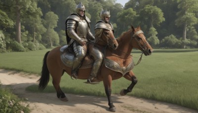 1boy,male focus,boots,outdoors,multiple boys,day,2boys,cape,armor,tree,animal,helmet,grass,shoulder armor,gauntlets,nature,forest,pauldrons,breastplate,riding,greaves,horse,knight,full armor,ambiguous gender,horseback riding,plate armor,reins,saddle,1girl,open mouth,holding,weapon,scenery,vambraces,armored boots,bush,helm,chainmail