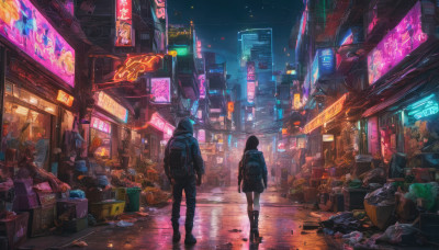 1girl, black hair, 1boy, standing, boots, outdoors, sky, hood, bag, from behind, night, backpack, building, night sky, scenery, science fiction, city, sign, road, cityscape, street, city lights, cyberpunk, neon lights, vanishing point