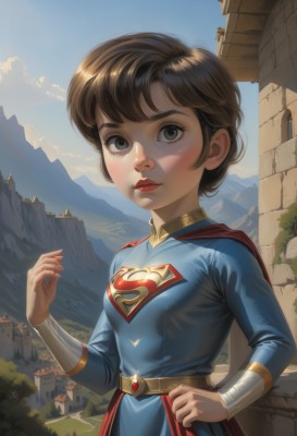 1girl,solo,breasts,looking at viewer,short hair,bangs,brown hair,long sleeves,dress,brown eyes,closed mouth,standing,upper body,small breasts,outdoors,sky,day,belt,cloud,hand up,cape,black eyes,blue sky,lips,hand on hip,grey eyes,makeup,blue dress,blue shirt,lipstick,building,mountain,nose,red cape,red lips,superhero,eyelashes,bodysuit,realistic,castle