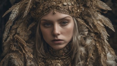 1girl,solo,long hair,looking at viewer,blue eyes,jewelry,closed mouth,parted lips,artist name,armor,mole,blurry,lips,grey eyes,blurry background,feathers,portrait,freckles,realistic,headdress,blonde hair,helmet,gem,gold