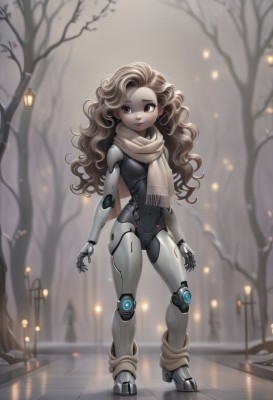 1girl,solo,long hair,breasts,looking at viewer,smile,brown hair,brown eyes,standing,full body,outdoors,scarf,tree,wavy hair,robot,snow,forehead,reflection,science fiction,curly hair,android,joints,winter,cyborg,lamppost,bare tree,robot joints,mechanical legs,small breasts,lips,humanoid robot