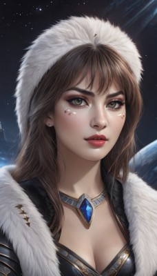 1girl,solo,long hair,breasts,looking at viewer,bangs,brown hair,hat,cleavage,brown eyes,jewelry,medium breasts,upper body,earrings,parted lips,sky,necklace,star (symbol),lips,fur trim,eyelashes,makeup,night,facial mark,lipstick,gem,portrait,star (sky),night sky,eyeshadow,starry sky,freckles,realistic,nose,red lips,eyeliner,fur hat,artist name,hood,facepaint