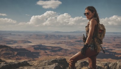 1girl,solo,long hair,brown hair,black hair,gloves,weapon,outdoors,sky,sleeveless,day,black gloves,pants,cloud,bag,lips,gun,military,sunglasses,backpack,knife,scenery,science fiction,mountain,realistic,looking at viewer,boots,from side,blue sky,ocean,beach,tank top,rifle,horizon,desert