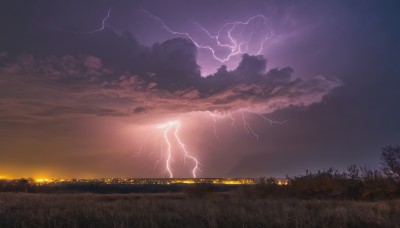 outdoors,sky,cloud,tree,no humans,cloudy sky,grass,nature,scenery,forest,sunset,electricity,field,lightning,landscape,night,night sky,horizon