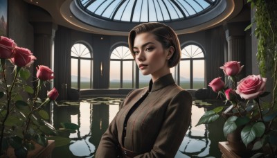 1girl,solo,breasts,looking at viewer,short hair,brown hair,shirt,black hair,long sleeves,brown eyes,upper body,flower,indoors,water,hair bun,lips,window,makeup,rose,single hair bun,plant,lipstick,pink flower,reflection,red lips,pink rose,pillar,arch,jewelry,earrings,parted lips,backlighting,realistic,nose