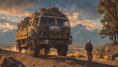 solo,1boy,standing,jacket,male focus,outdoors,sky,day,cloud,bag,tree,military,backpack,helmet,cloudy sky,robot,ground vehicle,scenery,motor vehicle,smoke,walking,science fiction,rock,mountain,desert,truck,weapon,signature,uniform,gun,military uniform,realistic,military vehicle,tank,soldier,dust