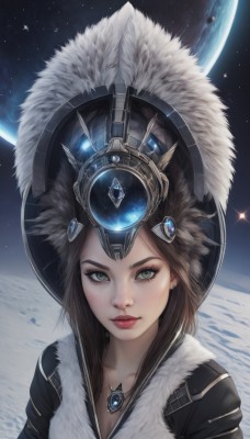 1girl,solo,long hair,breasts,looking at viewer,blue eyes,brown hair,cleavage,jewelry,closed mouth,green eyes,collarbone,upper body,earrings,sky,artist name,necklace,lips,fur trim,eyelashes,makeup,moon,feathers,lipstick,gem,star (sky),pendant,starry sky,realistic,nose,red lips,space,planet,earth (planet),black hair,headgear,headdress