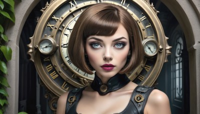 1girl,solo,looking at viewer,short hair,bangs,blue eyes,brown hair,bare shoulders,collarbone,upper body,artist name,lips,eyelashes,makeup,leaf,bob cut,lipstick,portrait,nose,clock,red lips,purple lips,roman numeral,steampunk,jewelry,earrings,swept bangs,plant,eyeshadow,realistic,eyeliner,mascara,analog clock