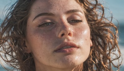 1girl,solo,long hair,looking at viewer,brown hair,brown eyes,outdoors,parted lips,teeth,day,mole,blurry,lips,blurry background,messy hair,portrait,close-up,freckles,realistic,nose,mole on cheek,sky,blue sky,eyelashes,floating hair,depth of field,half-closed eyes,wind,dirty